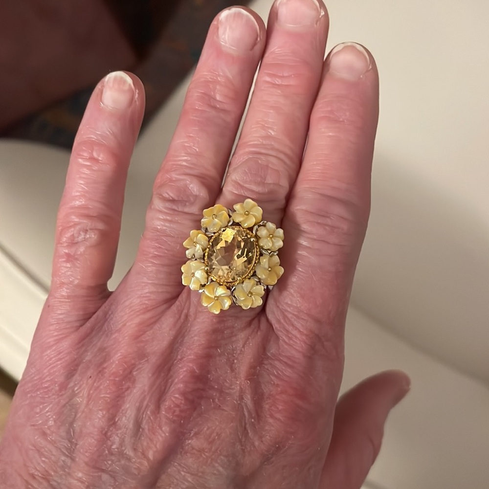 Citrine & Yellow Mother of Pearl Silver Ring NWOT